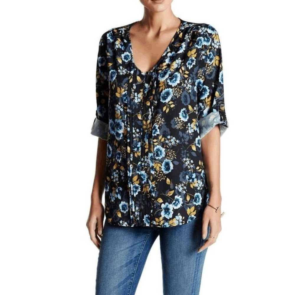 NWT Yumi Kim Womens Black Blue Yellow Lizzie Floral Button Front Top Size M